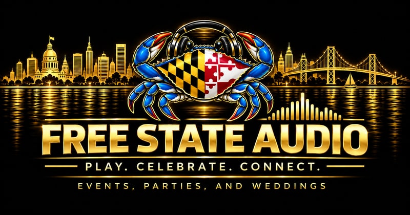 Free State Audio: Events, Parties, and Weddings. Maryland crab and headphones logo with a gold waterfront skyline and Play. Celebrate. Connect. tagline.