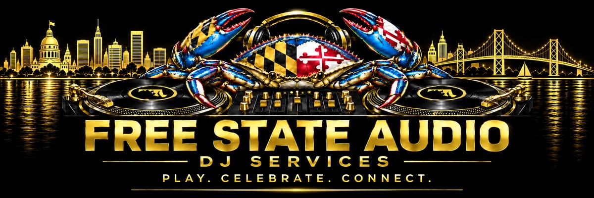 Free State Audio DJ Services. Maryland flag crab with headphones and turntables, gold skyline and bridge. Play. Celebrate. Connect.