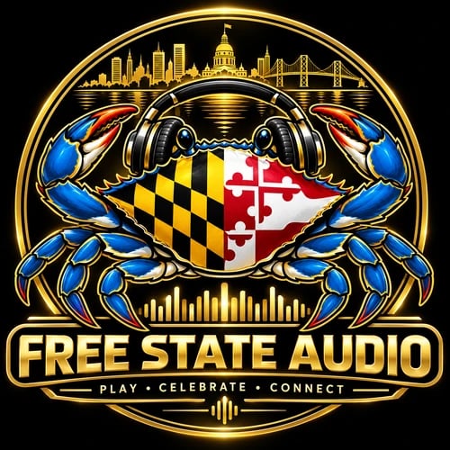 Free State Audio Maryland DJ emblem featuring a blue crab wearing headphones around a Maryland flag shield.